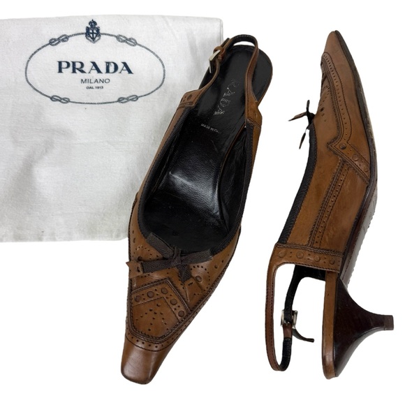Prada Vintage Y2K 90’s 2000’s Brown Bow Detail Kitten Heel Slingback Mule Pumps - Picture 1 of 8